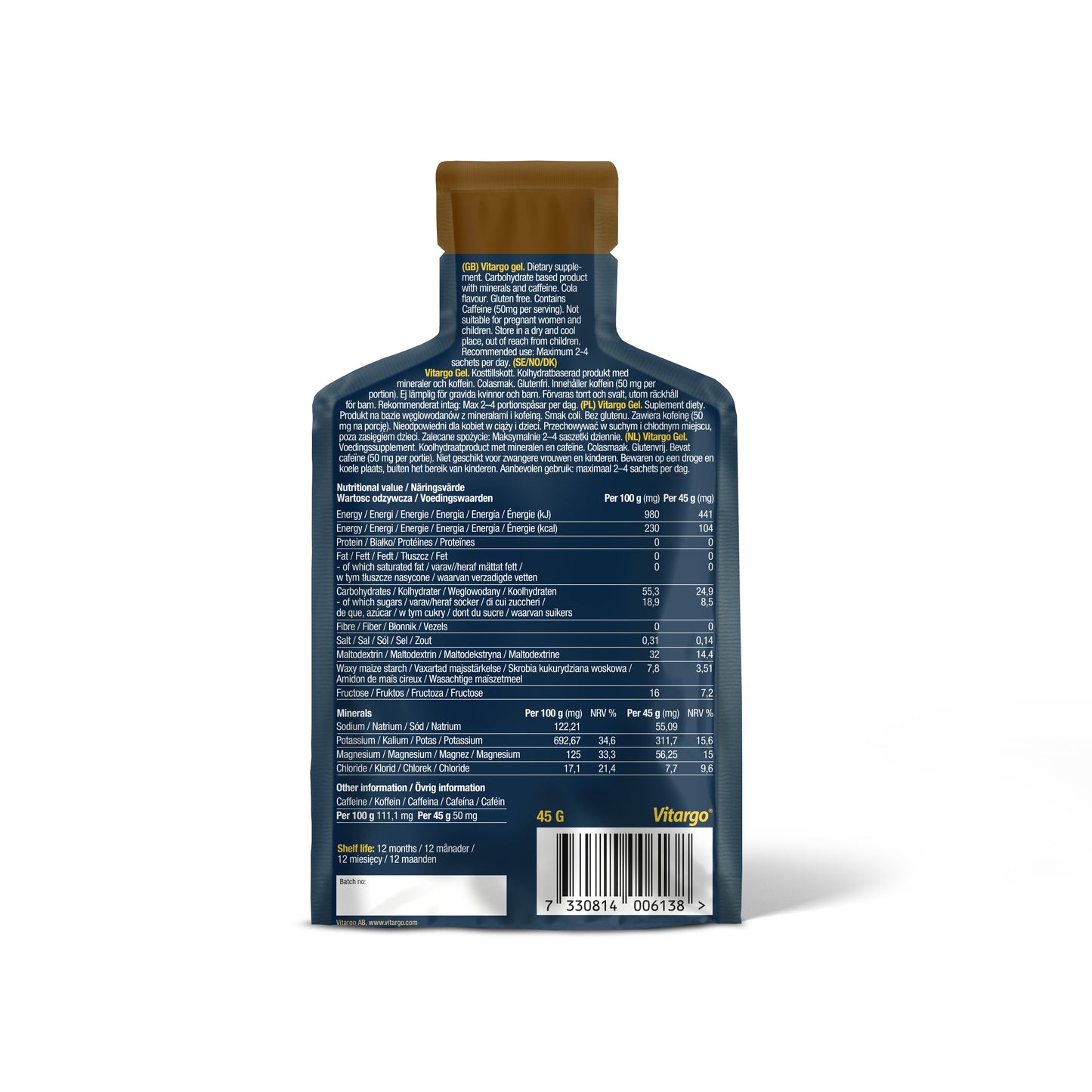 Vitargo Energy Gel Cola + Caffeine 45g, back of pack with nutrition info