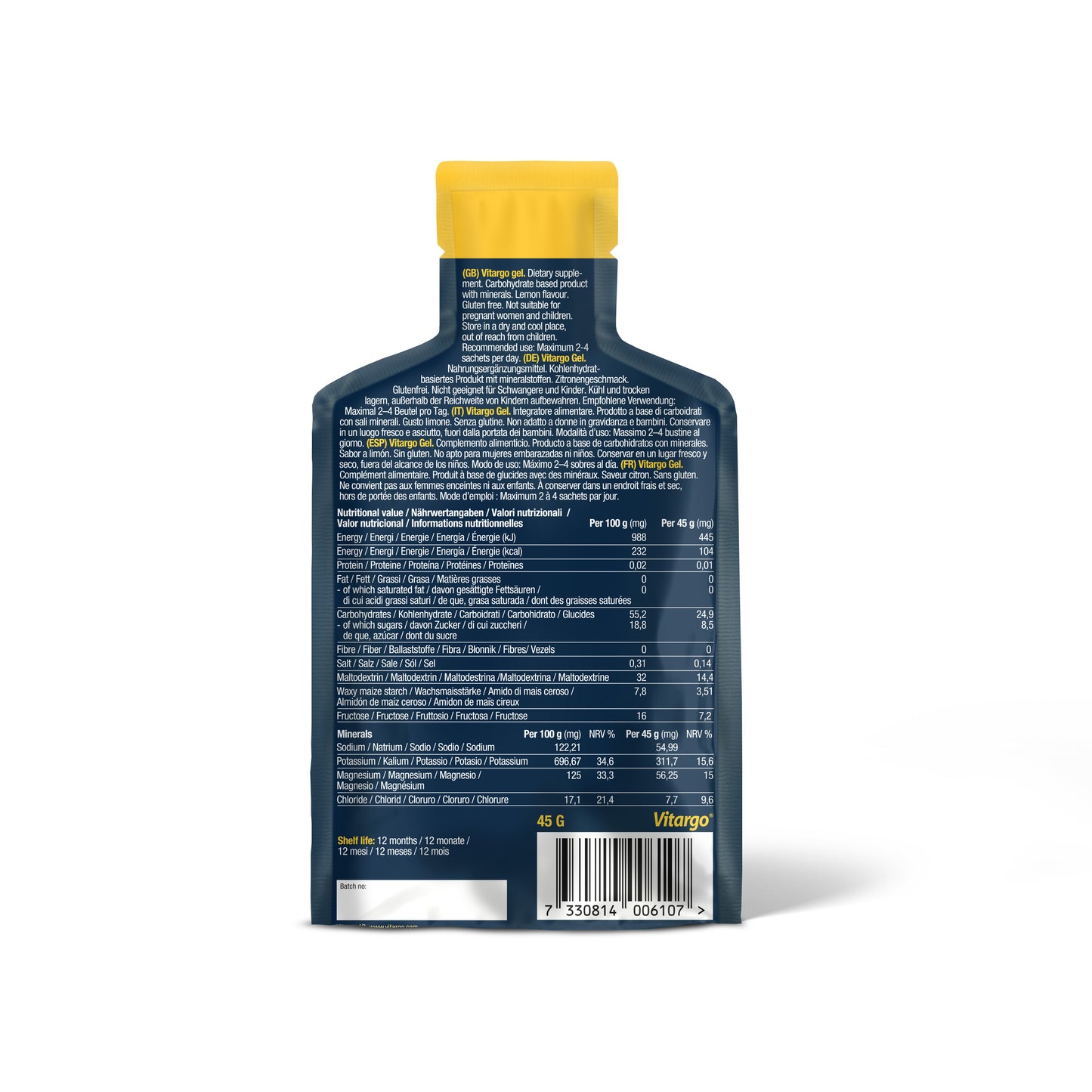 Vitargo Energy Gel Lemon 45g, back of pack with nutrition info